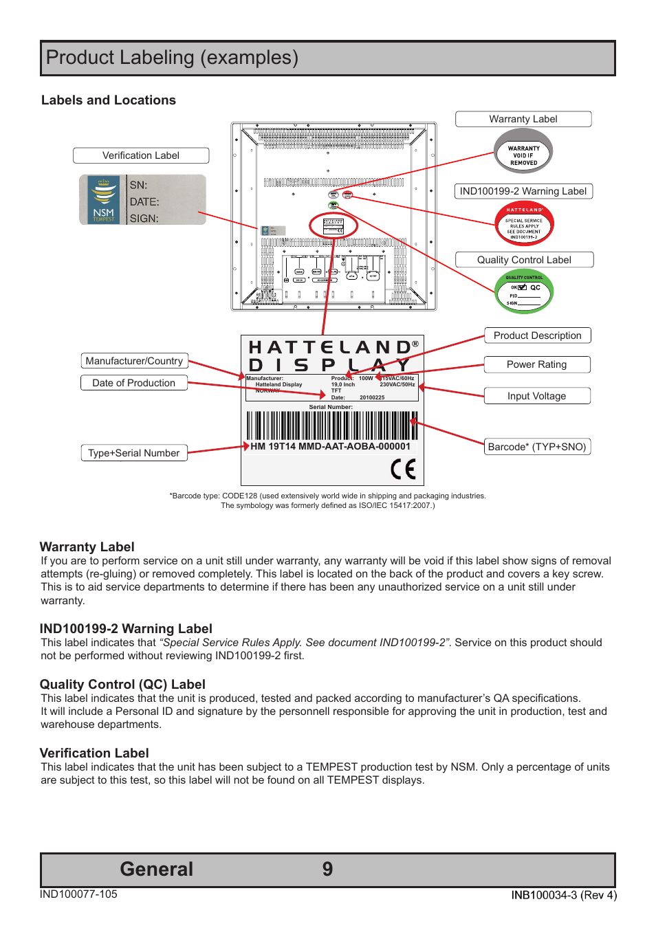 General, Product labeling (examples), Labels and locations | Warranty label, Quality control (qc) label, Verification label | Hatteland Display 19 inch - HM 19T14 MMD (TEMPEST) User Manual | Page 9 / 70
