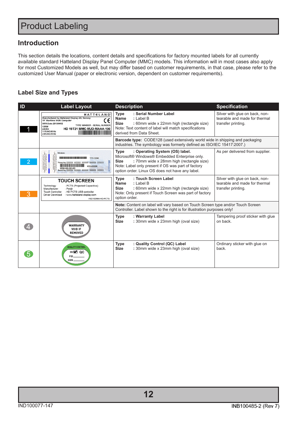 Product labeling, Introduction, Label size and types | Hatteland Display 13 inch - HD 13T21 MMC (Widescreen, Inte Cor2 Duo CPU) User Manual | Page 12 / 76