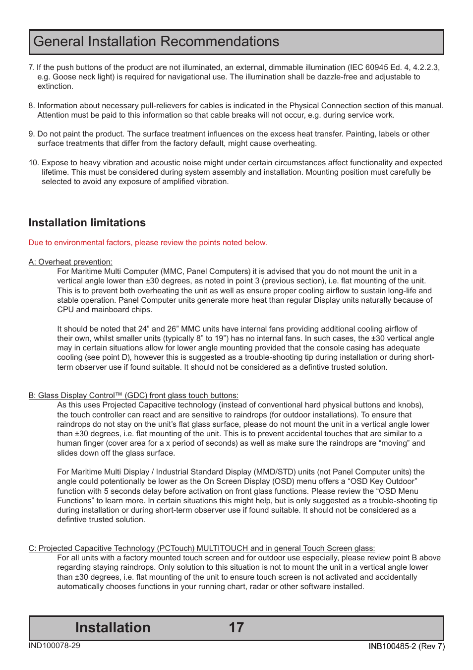 Installation limitations | Hatteland Display 13 inch - HD 13T21 MMC (Widescreen, Inte Cor2 Duo CPU) User Manual | Page 17 / 76