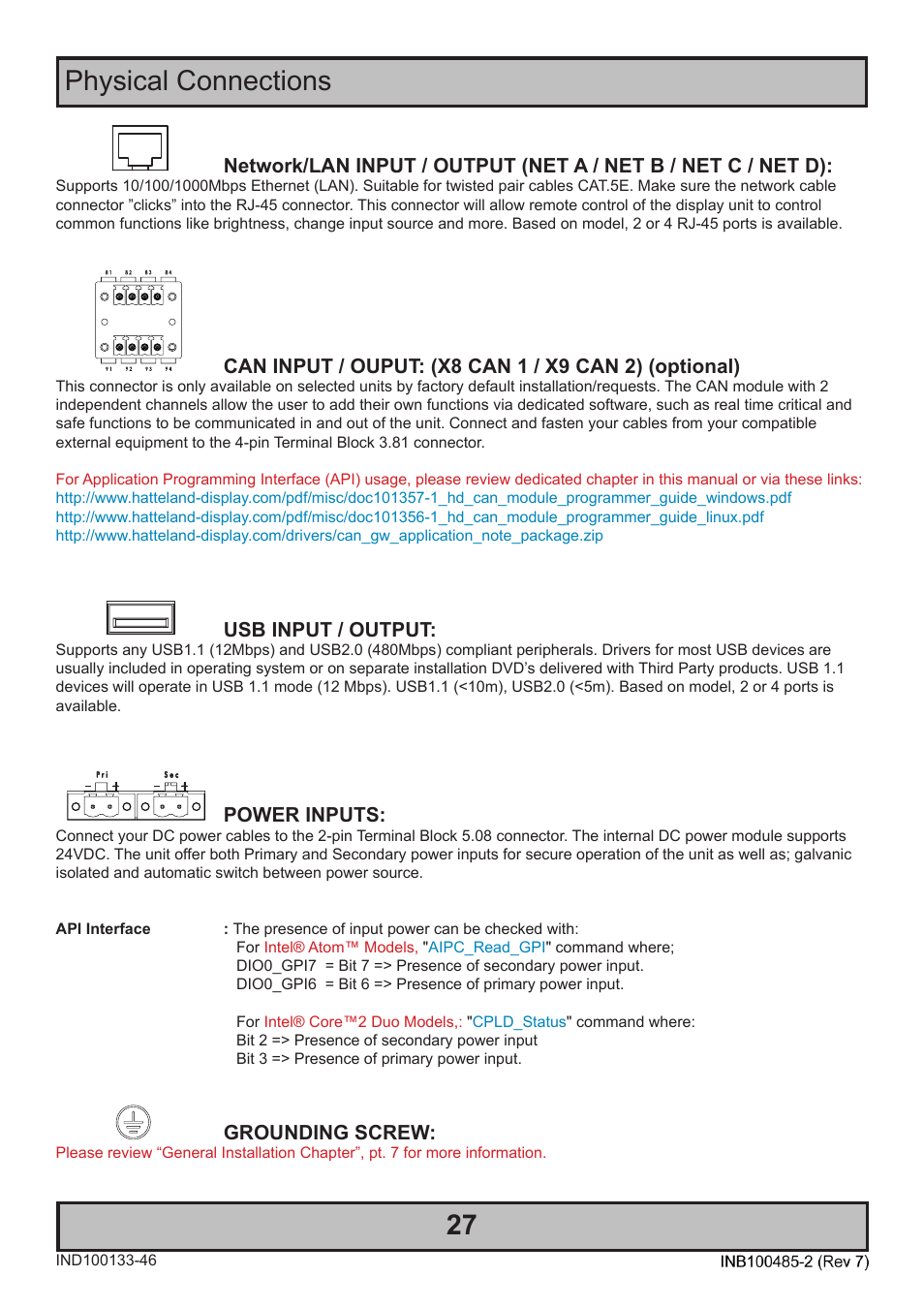 Physical connections 27 | Hatteland Display 13 inch - HD 13T21 MMC (Widescreen, Inte Cor2 Duo CPU) User Manual | Page 27 / 76