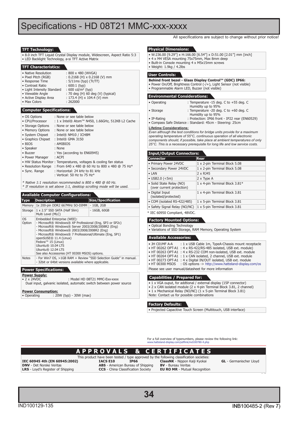 Specifications | Hatteland Display 13 inch - HD 13T21 MMC (Widescreen, Inte Cor2 Duo CPU) User Manual | Page 34 / 76