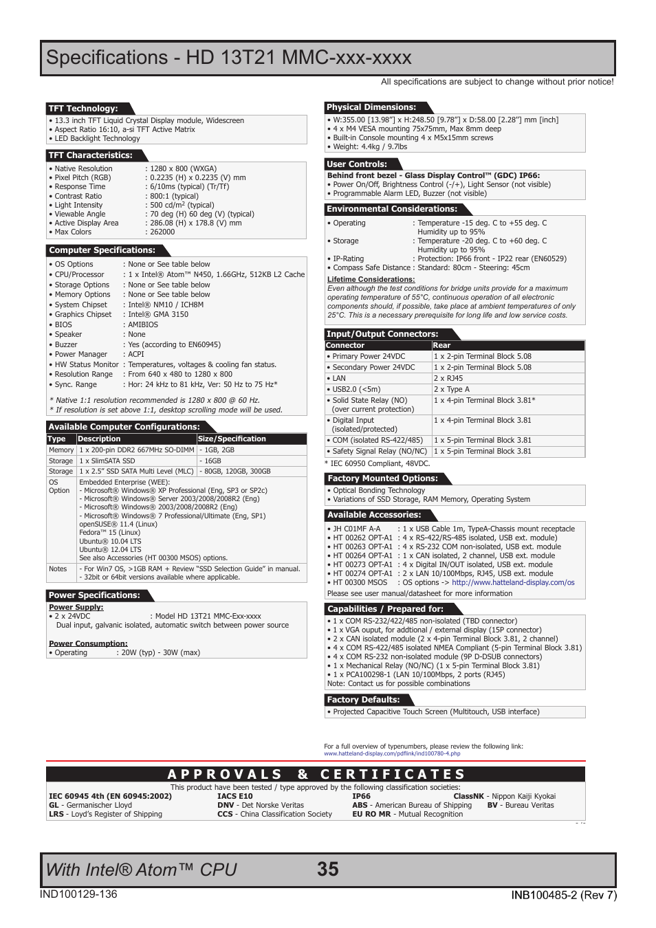 With intel® atom™ cpu, Specifications | Hatteland Display 13 inch - HD 13T21 MMC (Widescreen, Inte Cor2 Duo CPU) User Manual | Page 35 / 76