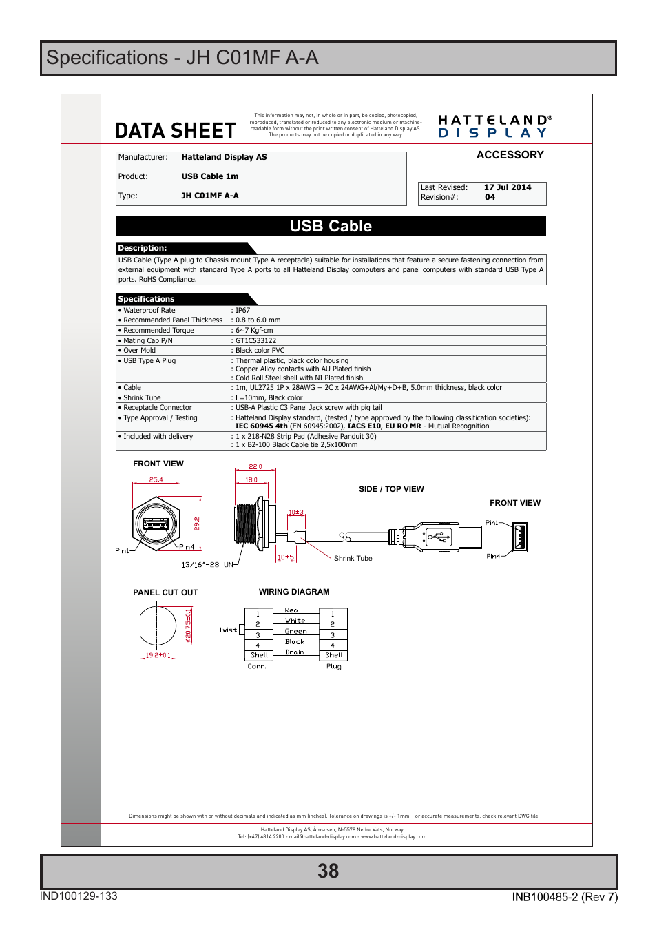 Data sheet, Specifications - jh c01mf a-a, Usb cable | Accessory | Hatteland Display 13 inch - HD 13T21 MMC (Widescreen, Inte Cor2 Duo CPU) User Manual | Page 38 / 76