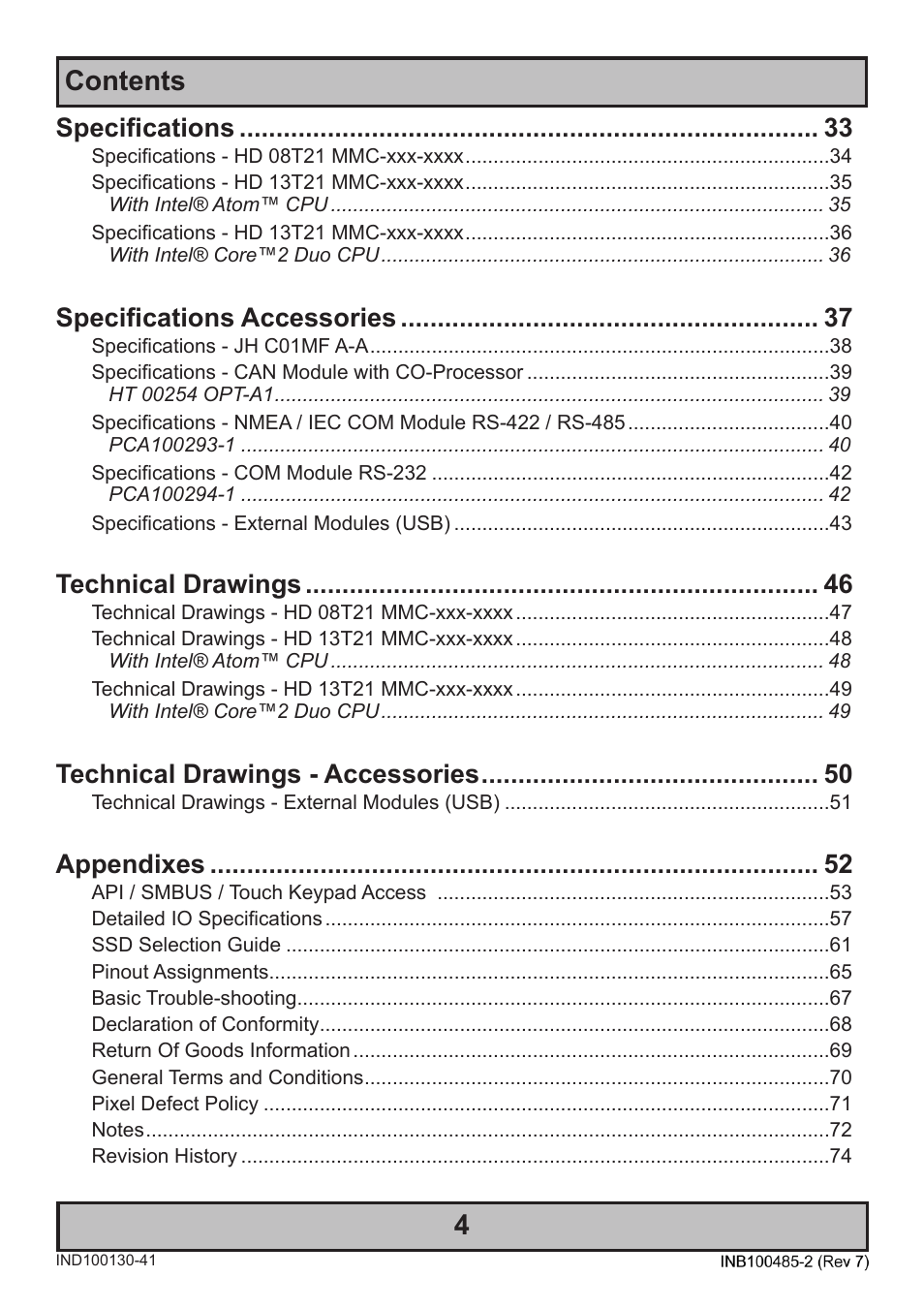 Contents 4, Specifications, Specifications accessories | Technical drawings, Technical drawings - accessories, Appendixes | Hatteland Display 13 inch - HD 13T21 MMC (Widescreen, Inte Cor2 Duo CPU) User Manual | Page 4 / 76