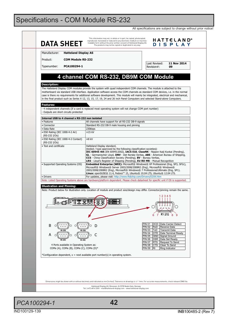 Data sheet, Specifications - com module rs-232, Ba d c | Hatteland Display 13 inch - HD 13T21 MMC (Widescreen, Inte Cor2 Duo CPU) User Manual | Page 42 / 76