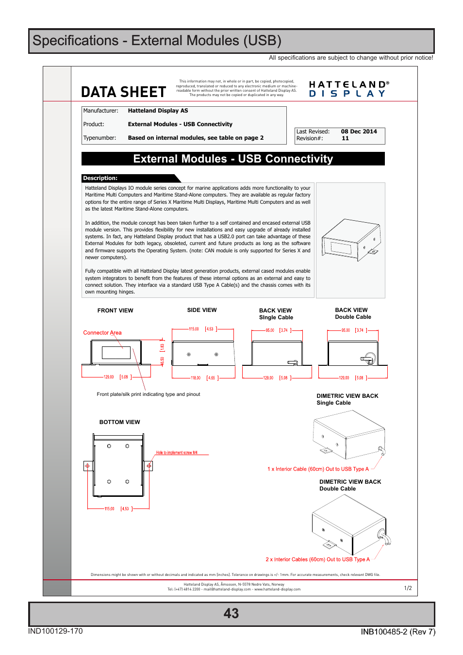 Data sheet, Specifications - external modules (usb) 43, Specifications - external modules (usb) | External modules - usb connectivity | Hatteland Display 13 inch - HD 13T21 MMC (Widescreen, Inte Cor2 Duo CPU) User Manual | Page 43 / 76