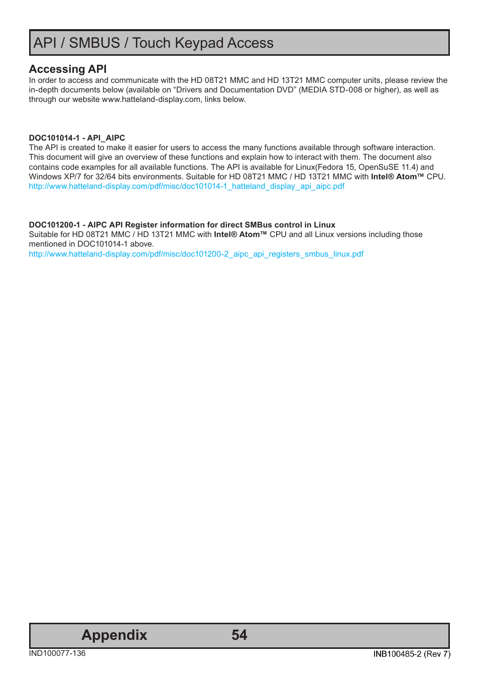 54 api / smbus / touch keypad access appendix, Accessing api | Hatteland Display 13 inch - HD 13T21 MMC (Widescreen, Inte Cor2 Duo CPU) User Manual | Page 54 / 76