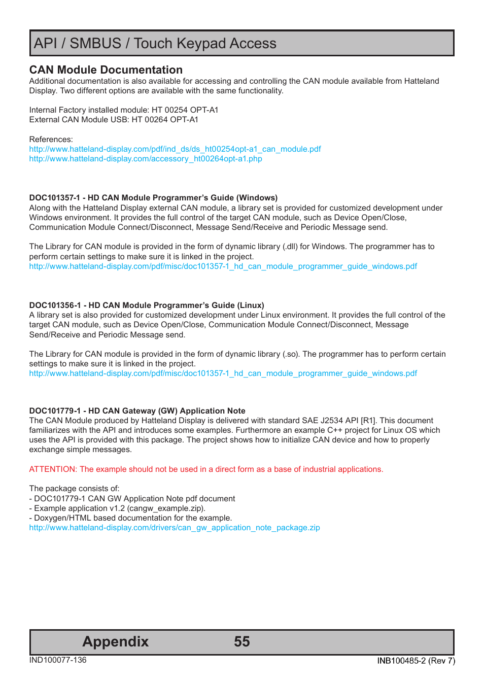 55 api / smbus / touch keypad access appendix, Can module documentation | Hatteland Display 13 inch - HD 13T21 MMC (Widescreen, Inte Cor2 Duo CPU) User Manual | Page 55 / 76