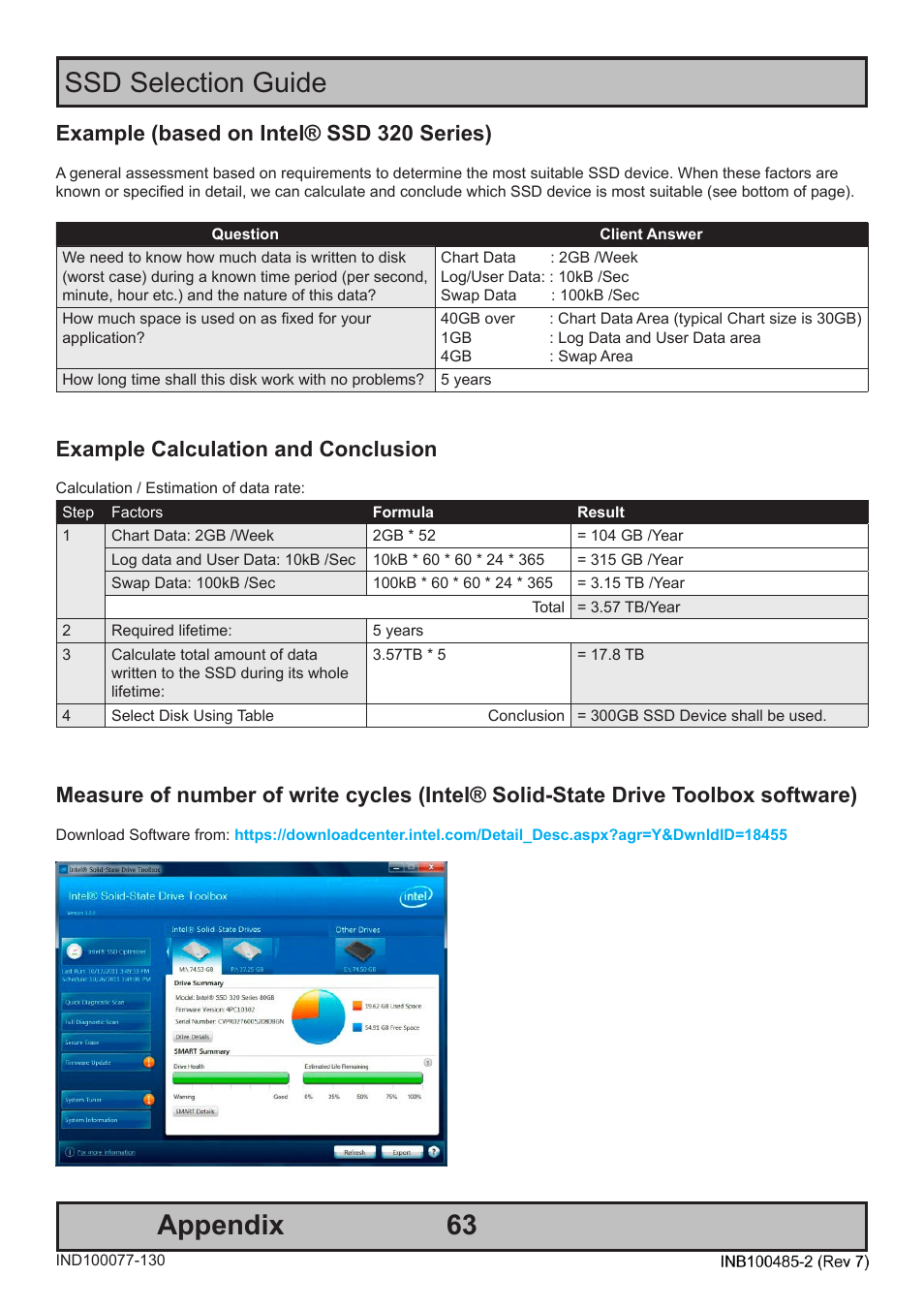 63 ssd selection guide appendix, Example (based on intel® ssd 320 series), Example calculation and conclusion | Hatteland Display 13 inch - HD 13T21 MMC (Widescreen, Inte Cor2 Duo CPU) User Manual | Page 63 / 76