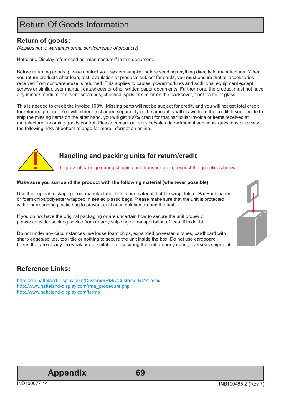 Appendix, Return of goods information, Return of goods | Handling and packing units for return/credit, Reference links | Hatteland Display 13 inch - HD 13T21 MMC (Widescreen, Inte Cor2 Duo CPU) User Manual | Page 69 / 76