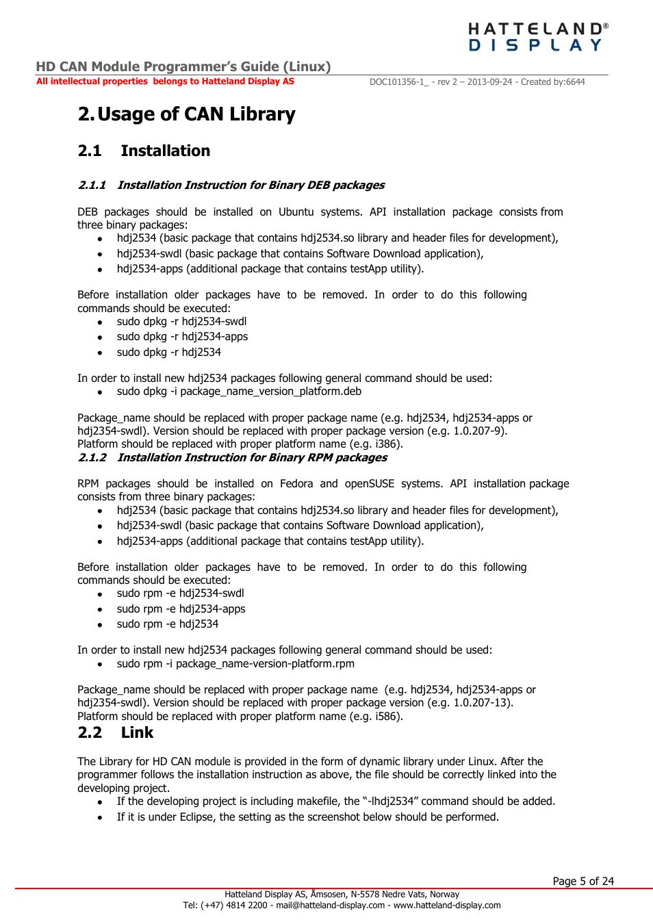 Usage of can library, 1 installation, 2 link | Hd can module programmer’s guide (linux) | Hatteland Display HT B22 (Fanless) User Manual | Page 5 / 24