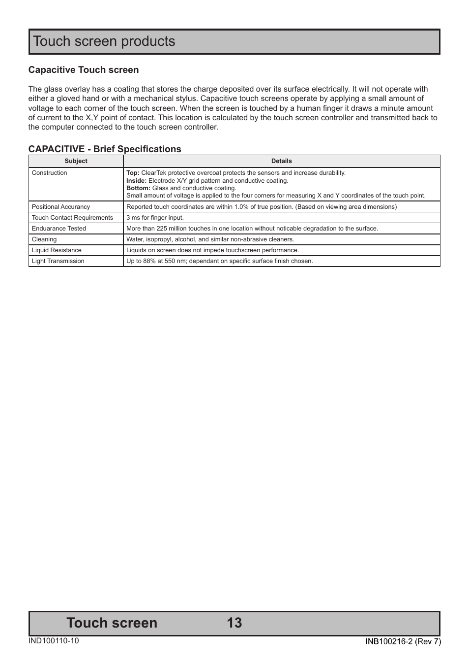 Touch screen products touch screen, Capacitive touch screen, Capacitive - brief specifications | Hatteland Display 15 inch - JH 15T17 MMC-S (Slim Model) User Manual | Page 13 / 42