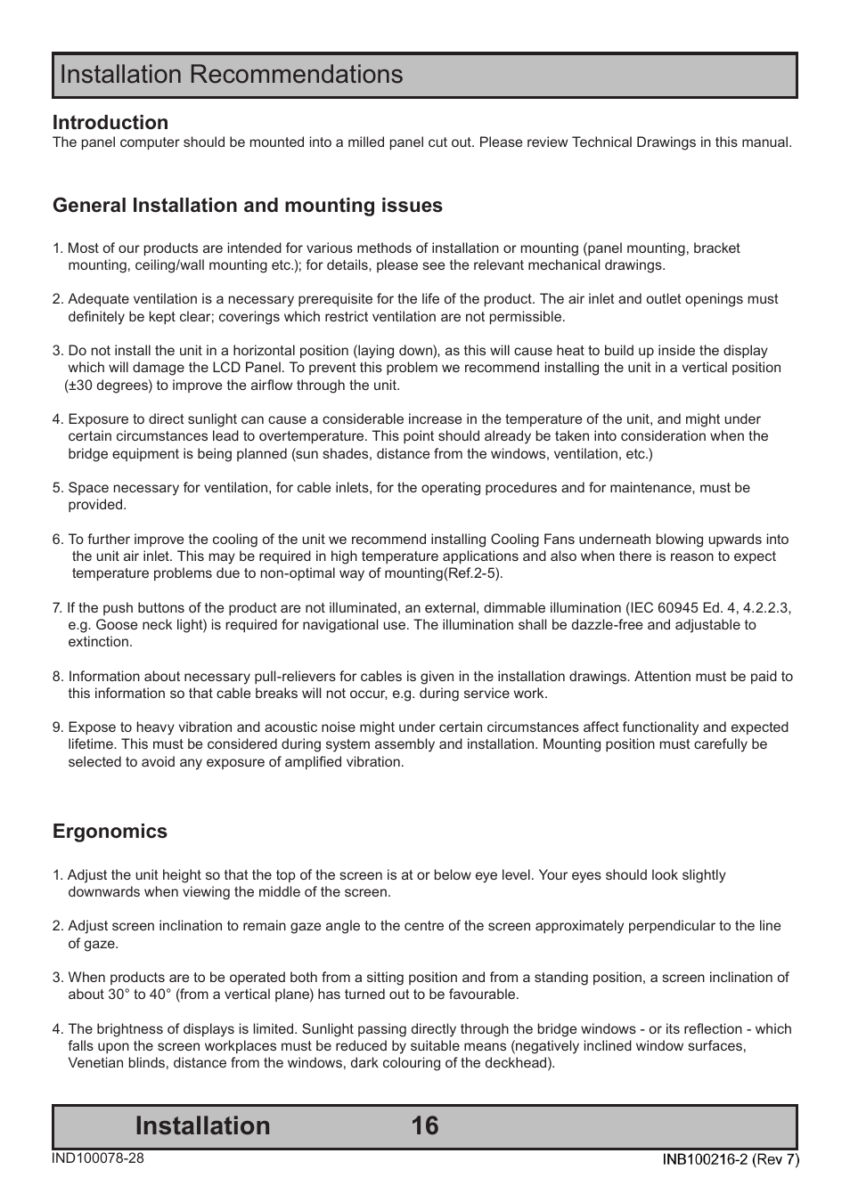 Installation, Installation recommendations, Introduction | General installation and mounting issues, Ergonomics | Hatteland Display 15 inch - JH 15T17 MMC-S (Slim Model) User Manual | Page 16 / 42