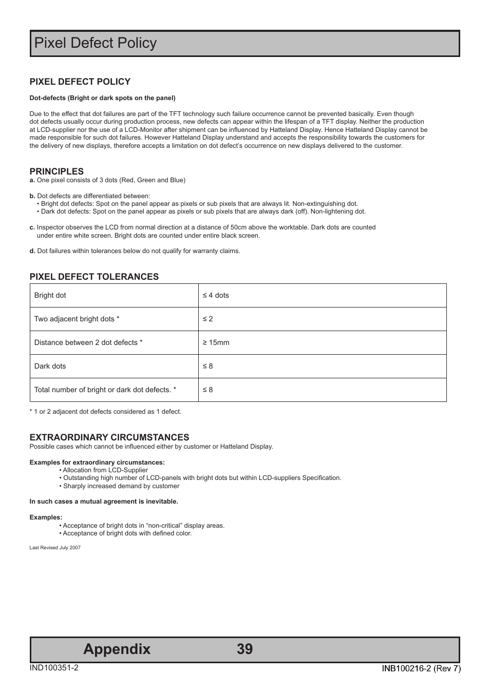 Appendix pixel defect policy | Hatteland Display 15 inch - JH 15T17 MMC-S (Slim Model) User Manual | Page 39 / 42