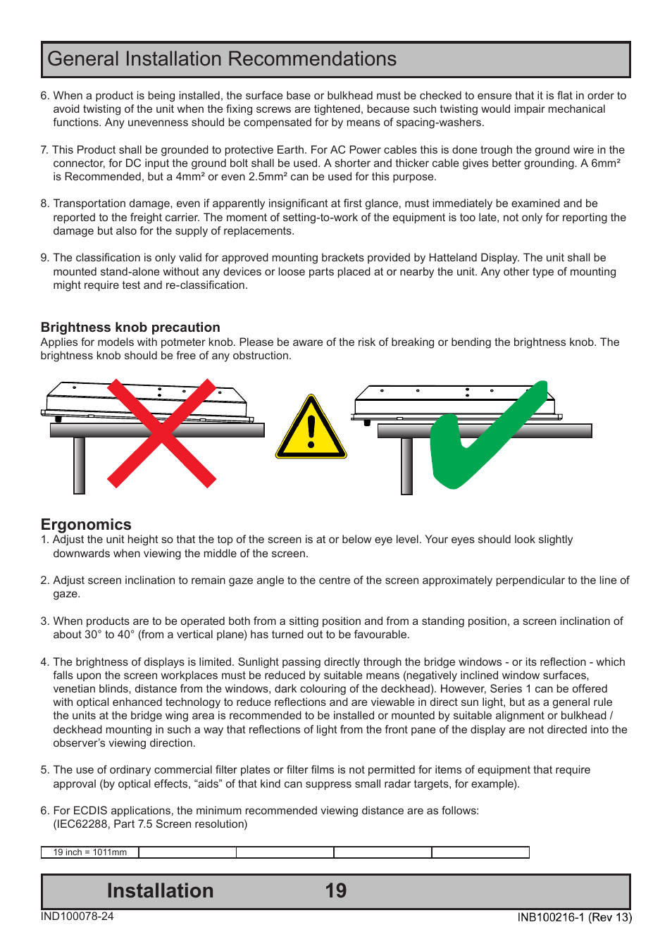 General installation recommendations installation, Ergonomics | Hatteland Display 19 inch - JH 19T14 MMC User Manual | Page 19 / 66