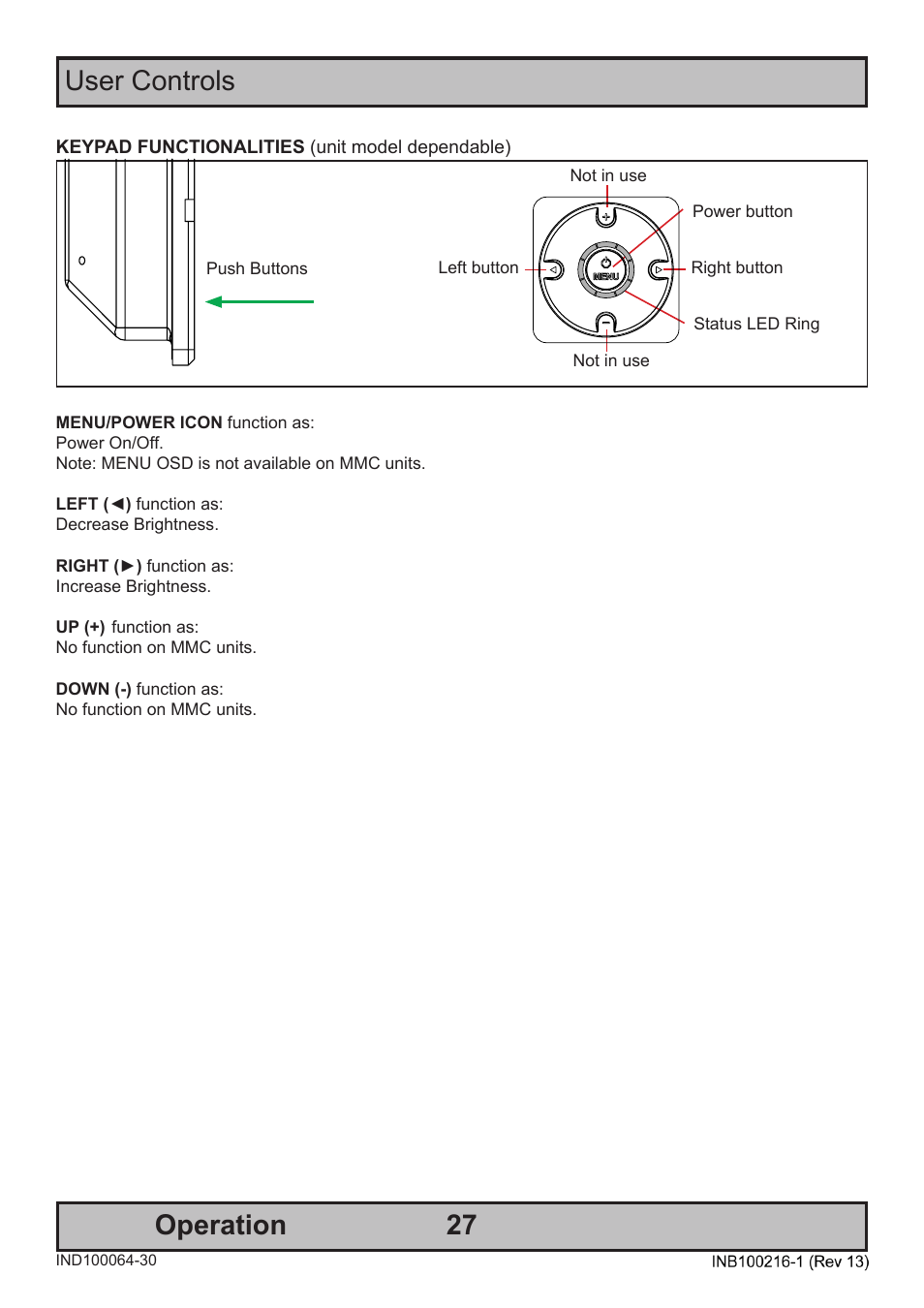 27 operation user controls | Hatteland Display 19 inch - JH 19T14 MMC User Manual | Page 27 / 66