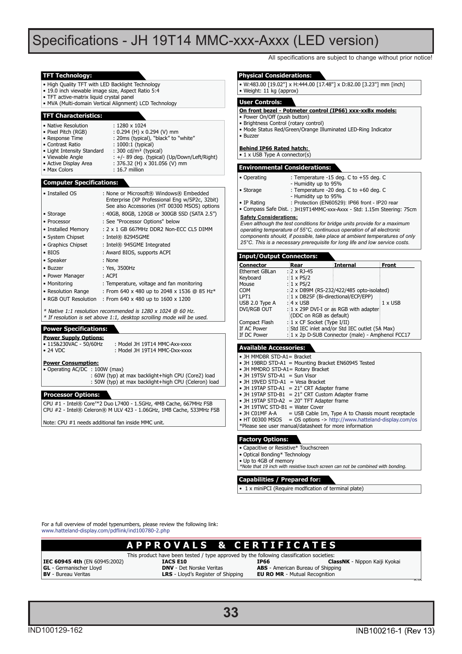 Specifications | Hatteland Display 19 inch - JH 19T14 MMC User Manual | Page 33 / 66