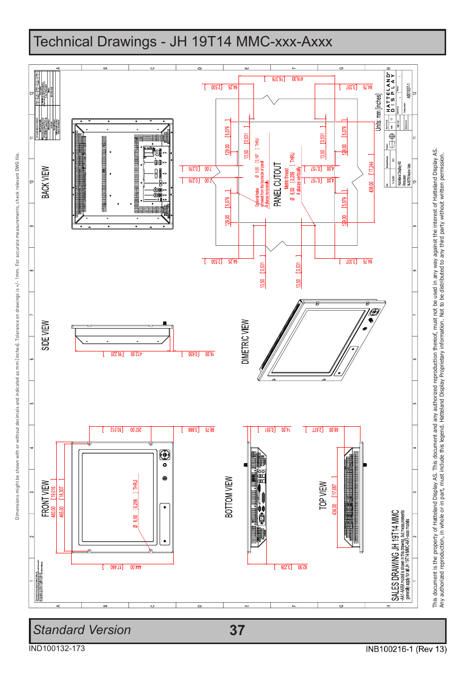 Technical drawings - jh 19t14 mmc-xxx-axxx, Standard version | Hatteland Display 19 inch - JH 19T14 MMC User Manual | Page 37 / 66