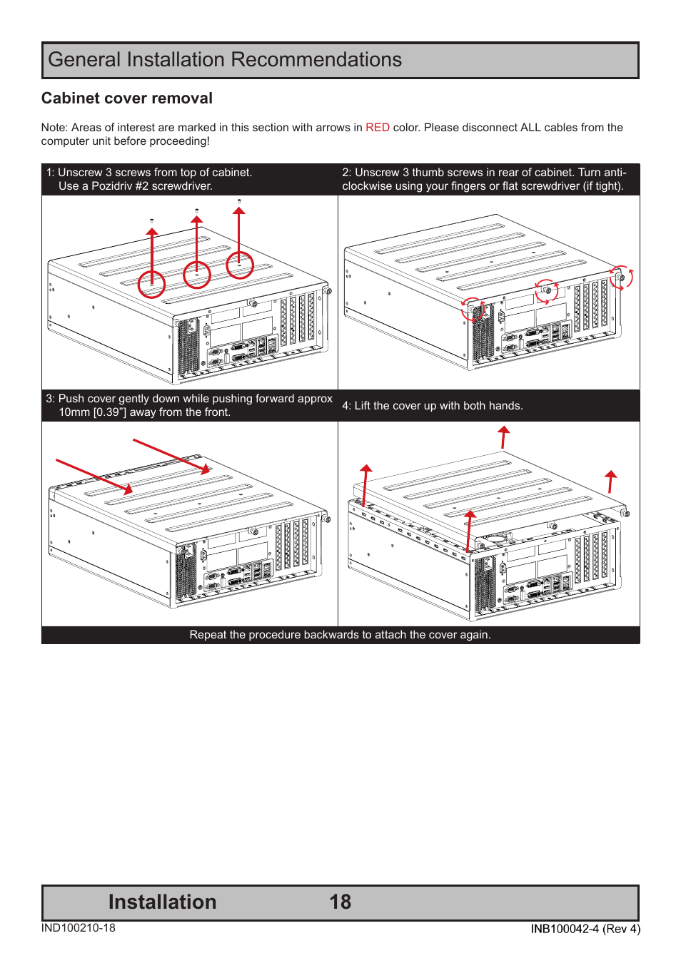 General installation recommendations installation, Cabinet cover removal | Hatteland Display HT C02HI (Compact Entry Level) User Manual | Page 18 / 86