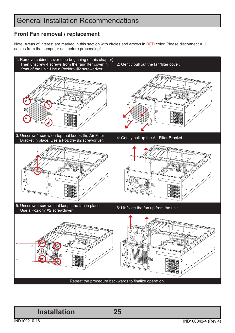 General installation recommendations installation, Front fan removal / replacement | Hatteland Display HT C02HI (Compact Entry Level) User Manual | Page 25 / 86