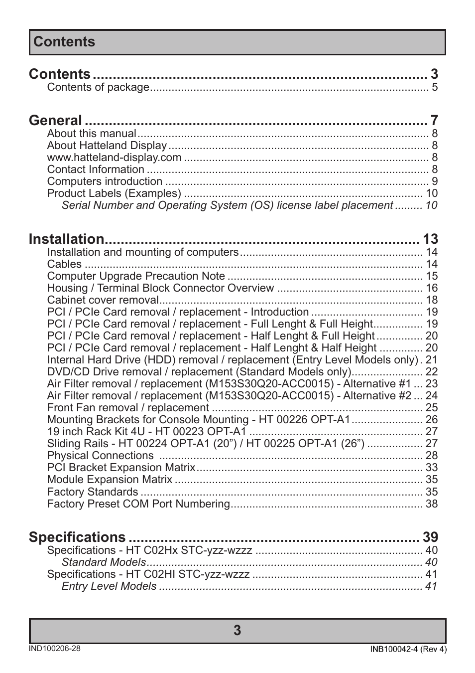 Contents contents, General, Installation | Specifications | Hatteland Display HT C02HI (Compact Entry Level) User Manual | Page 3 / 86