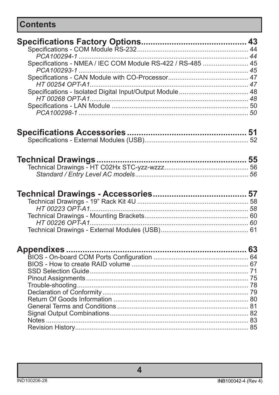 Contents 4, Specifications factory options, Specifications accessories | Technical drawings, Technical drawings - accessories, Appendixes | Hatteland Display HT C02HI (Compact Entry Level) User Manual | Page 4 / 86