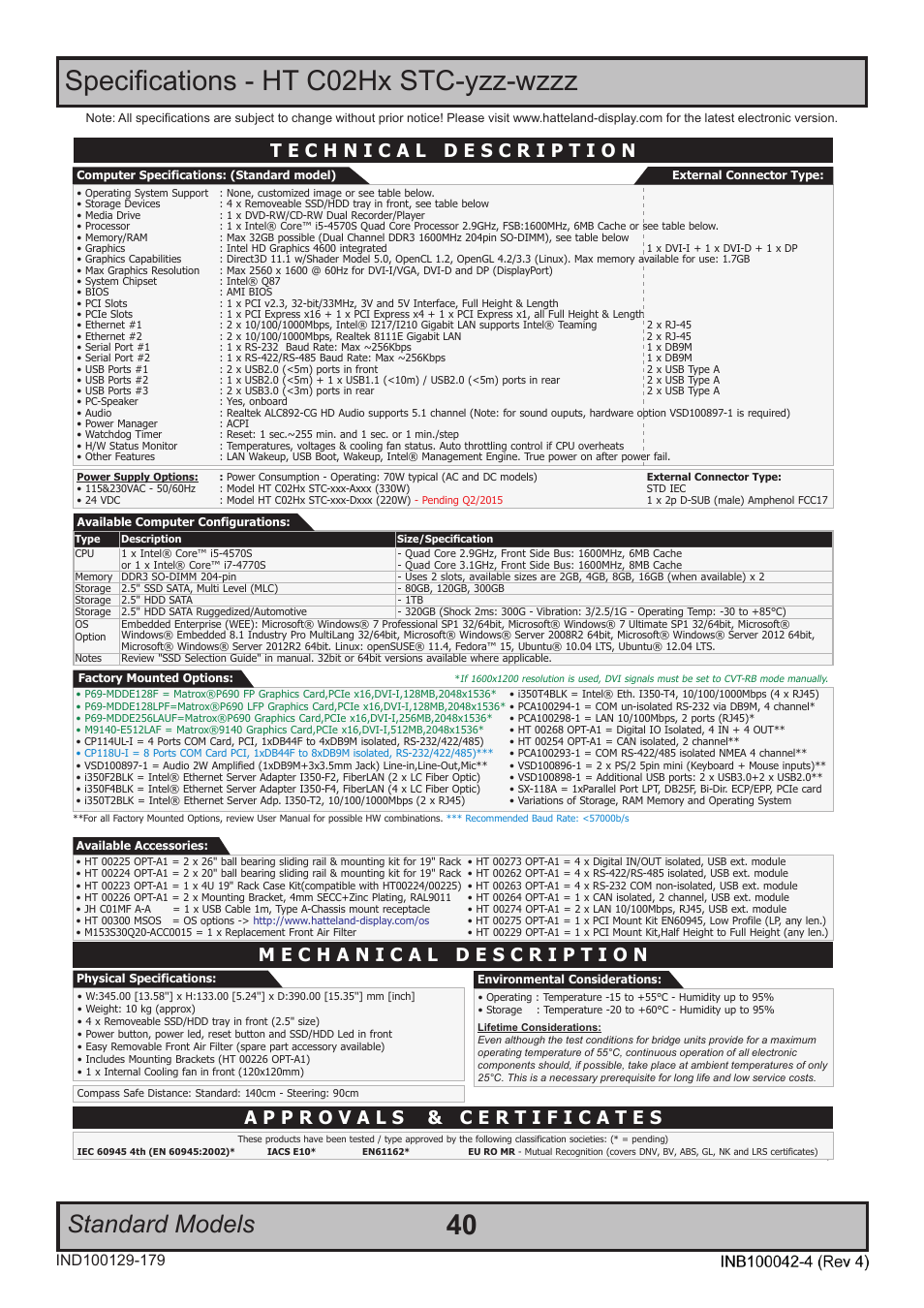 Specifications - ht c02hx stc-yzz-wzzz, Standard models, Specifications | Hatteland Display HT C02HI (Compact Entry Level) User Manual | Page 40 / 86