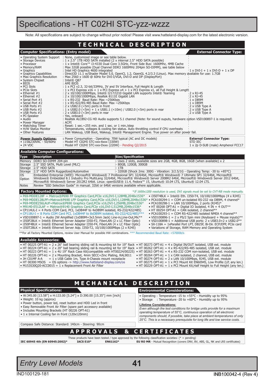 Specifications - ht c02hi stc-yzz-wzzz, Entry level models, Specifications | Hatteland Display HT C02HI (Compact Entry Level) User Manual | Page 41 / 86