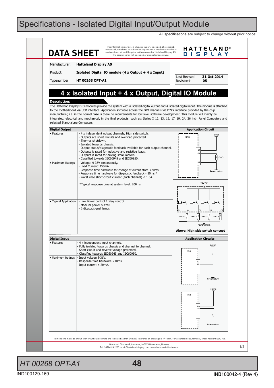 Data sheet, 4 x isolated input + 4 x output, digital io module | Hatteland Display HT C02HI (Compact Entry Level) User Manual | Page 48 / 86