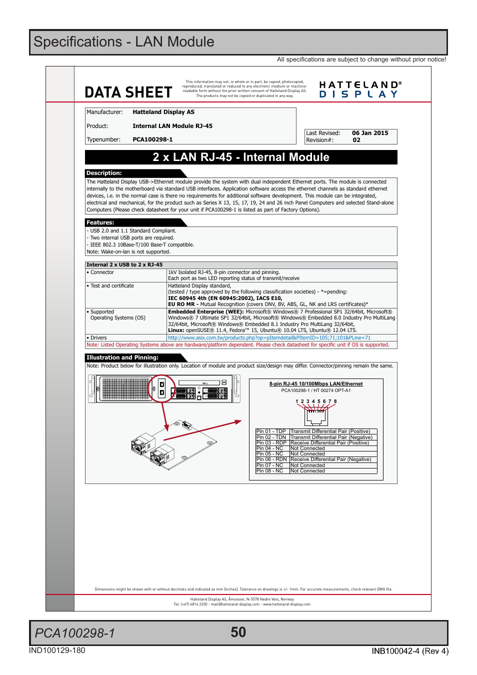 Data sheet, Specifications - lan module, 2 x lan rj-45 - internal module | Hatteland Display HT C02HI (Compact Entry Level) User Manual | Page 50 / 86