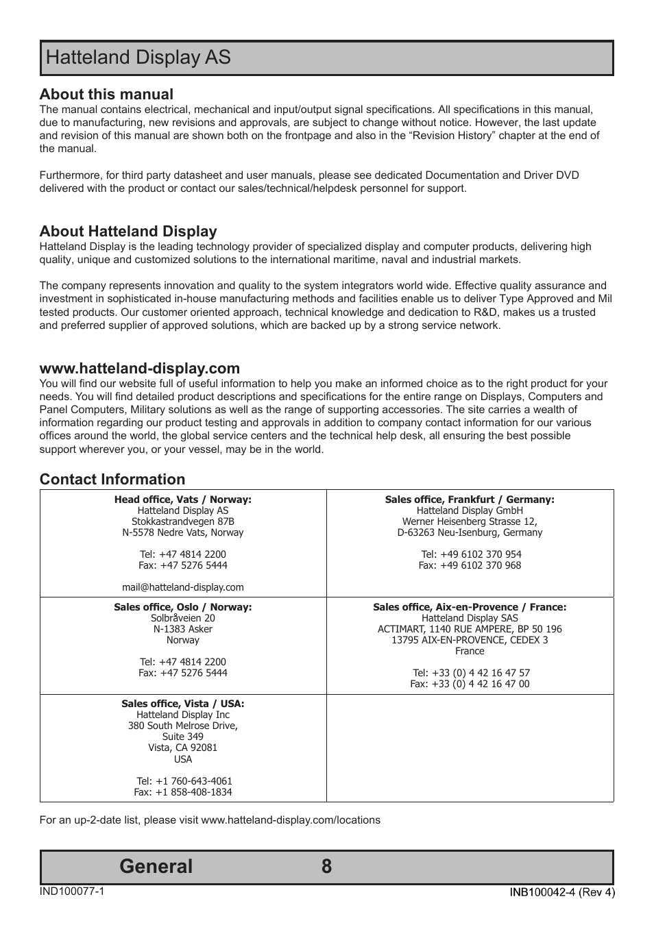 8hatteland display as, General, About this manual | About hatteland display, Contact information | Hatteland Display HT C02HI (Compact Entry Level) User Manual | Page 8 / 86