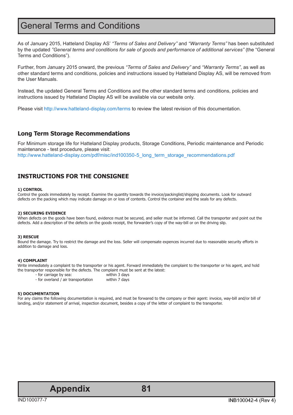 Appendix general terms and conditions, Instructions for the consignee, Long term storage recommendations | Hatteland Display HT C02HI (Compact Entry Level) User Manual | Page 81 / 86