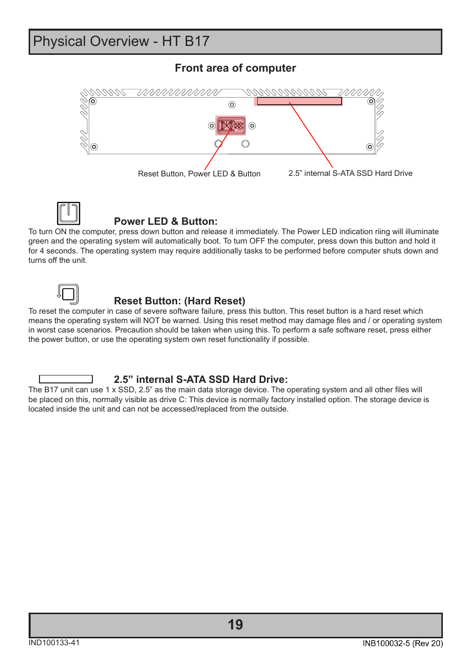 Physical overview - ht b17, Front area of computer | Hatteland Display HT B18 (Fanless) User Manual | Page 19 / 58