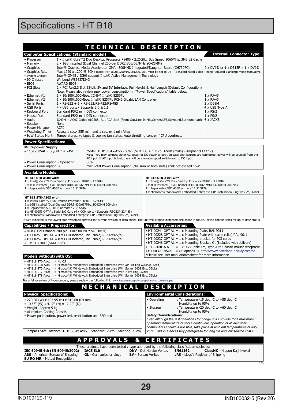 Specifications - ht b18, Specifications | Hatteland Display HT B18 (Fanless) User Manual | Page 29 / 58