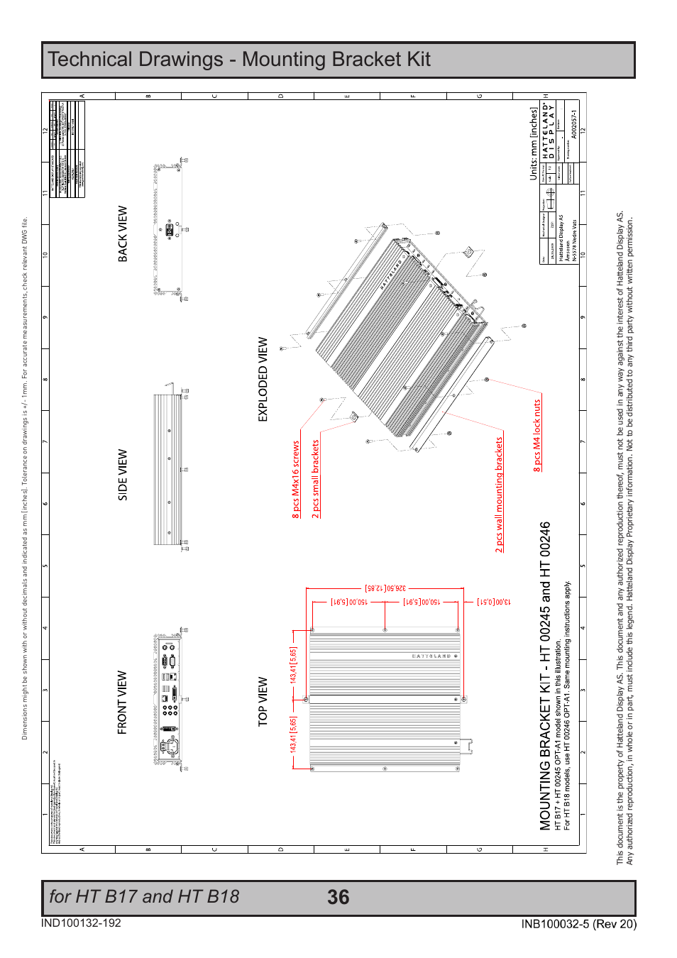 Technical drawings - mounting bracket kit, For ht b17 and ht b18 | Hatteland Display HT B18 (Fanless) User Manual | Page 36 / 58