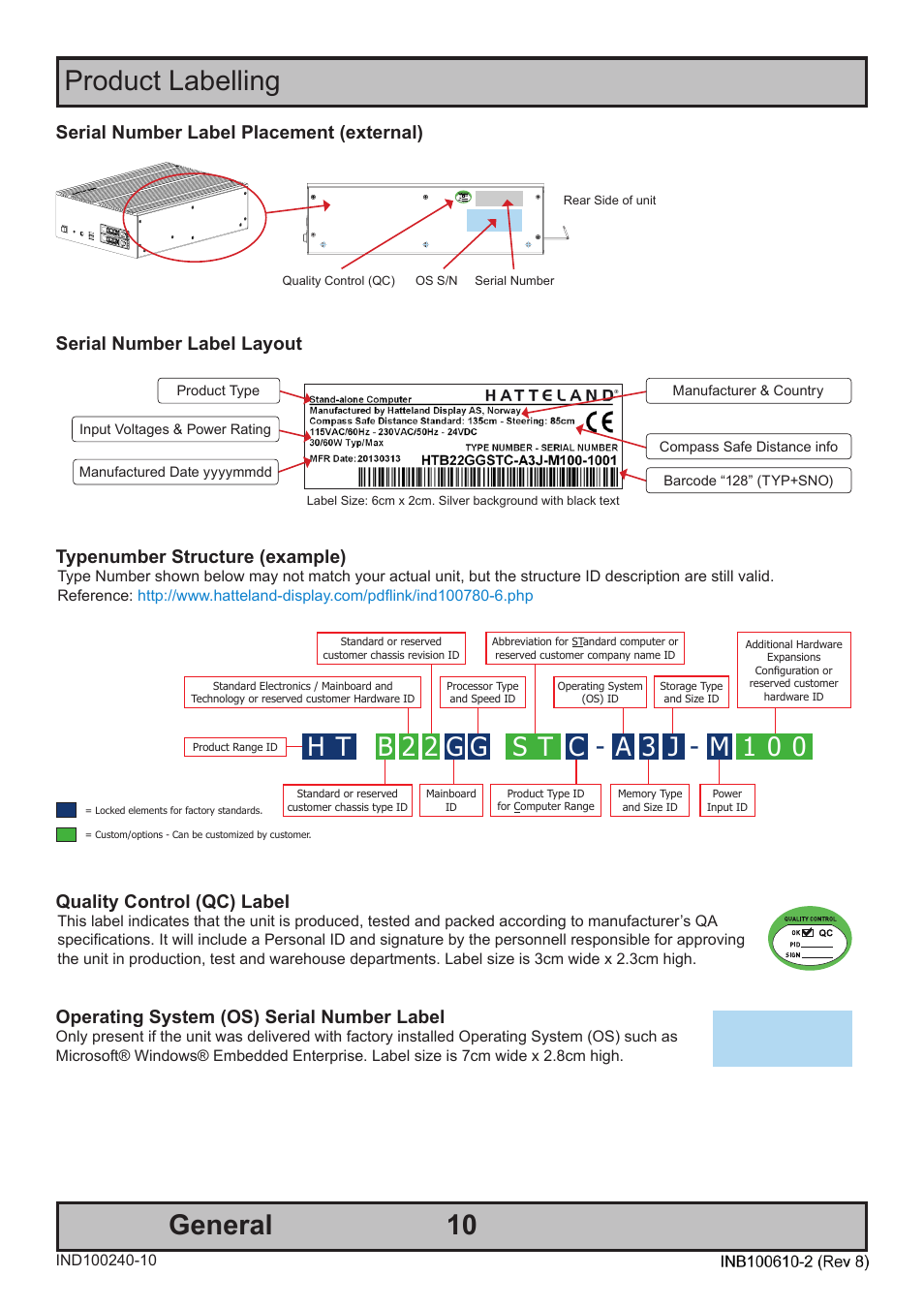 General product labelling, Quality control (qc) label, Operating system (os) serial number label | Typenumber structure (example) | Hatteland Display HT B22 (Fanless) User Manual | Page 10 / 66