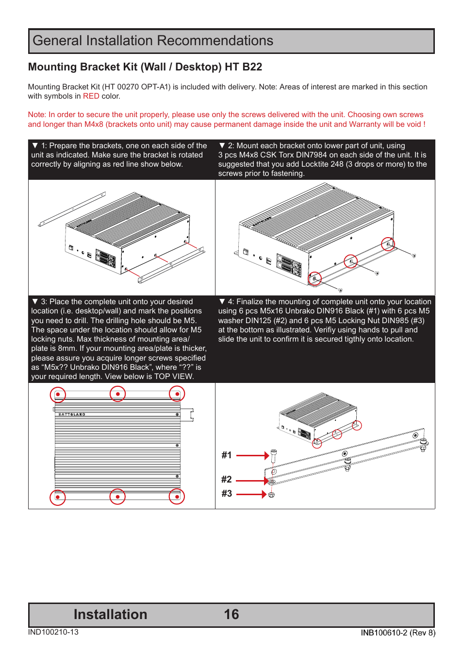 General installation recommendations installation, Mounting bracket kit (wall / desktop) ht b22 | Hatteland Display HT B22 (Fanless) User Manual | Page 16 / 66