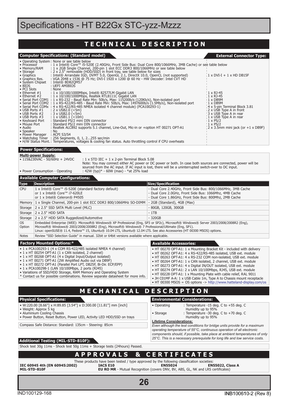 Specifications - ht b22gx stc-yzz-mzzz, Specifications | Hatteland Display HT B22 (Fanless) User Manual | Page 26 / 66