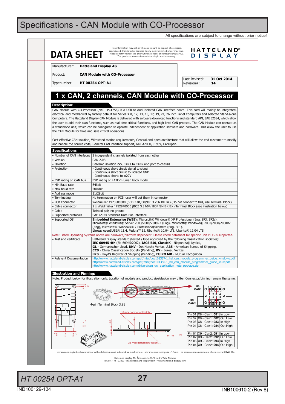Data sheet, Specifications - can module with co-processor, 1 x can, 2 channels, can module with co-processor | Hatteland Display HT B22 (Fanless) User Manual | Page 27 / 66