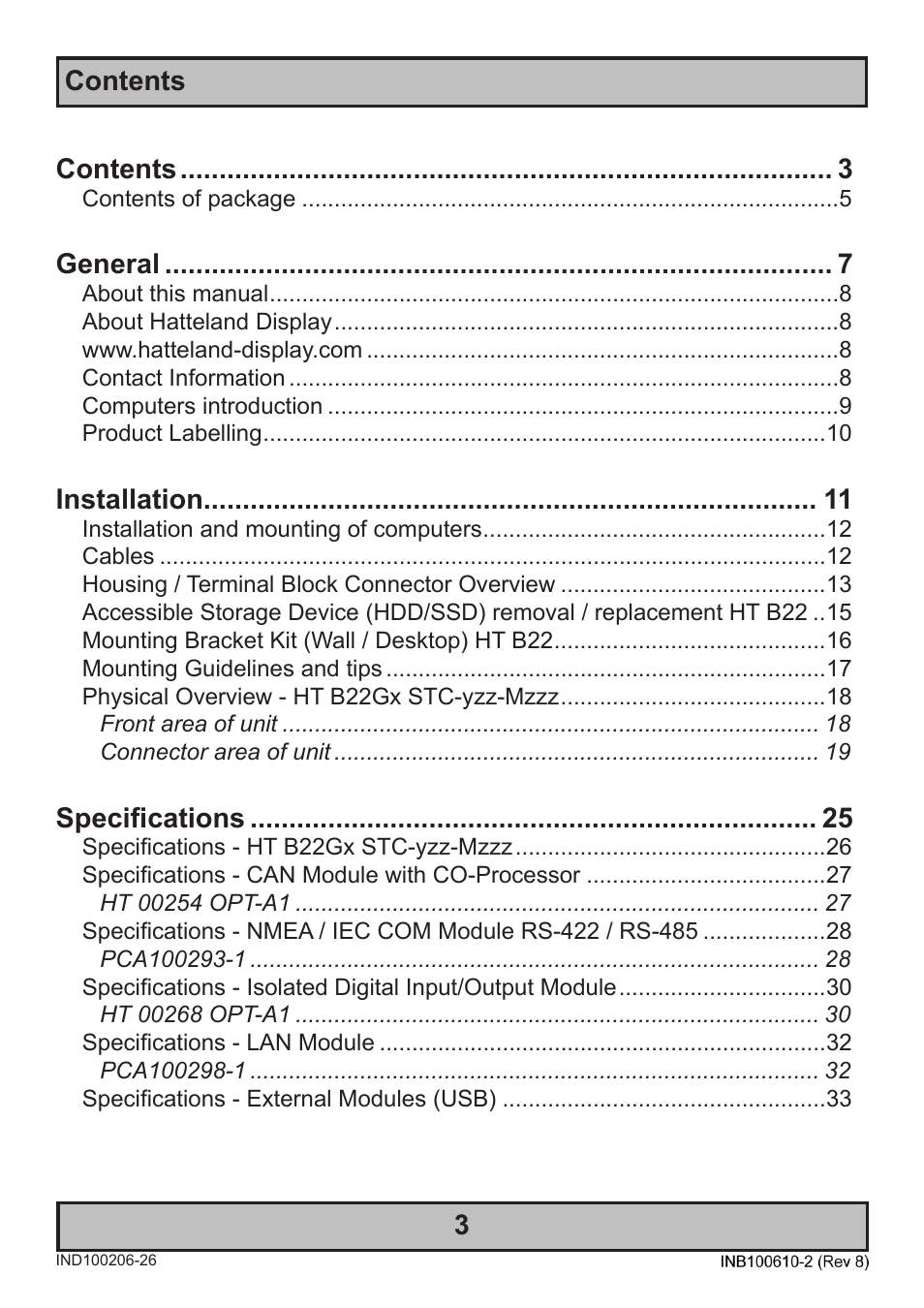 Contents contents, General, Installation | Specifications | Hatteland Display HT B22 (Fanless) User Manual | Page 3 / 66
