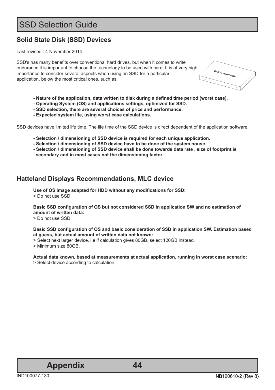 44 appendix, Ssd selection guide, Solid state disk (ssd) devices | Hatteland displays recommendations, mlc device | Hatteland Display HT B22 (Fanless) User Manual | Page 44 / 66