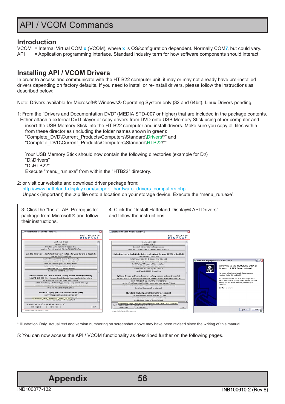 56 appendix, Api / vcom commands, Introduction | Installing api / vcom drivers | Hatteland Display HT B22 (Fanless) User Manual | Page 56 / 66