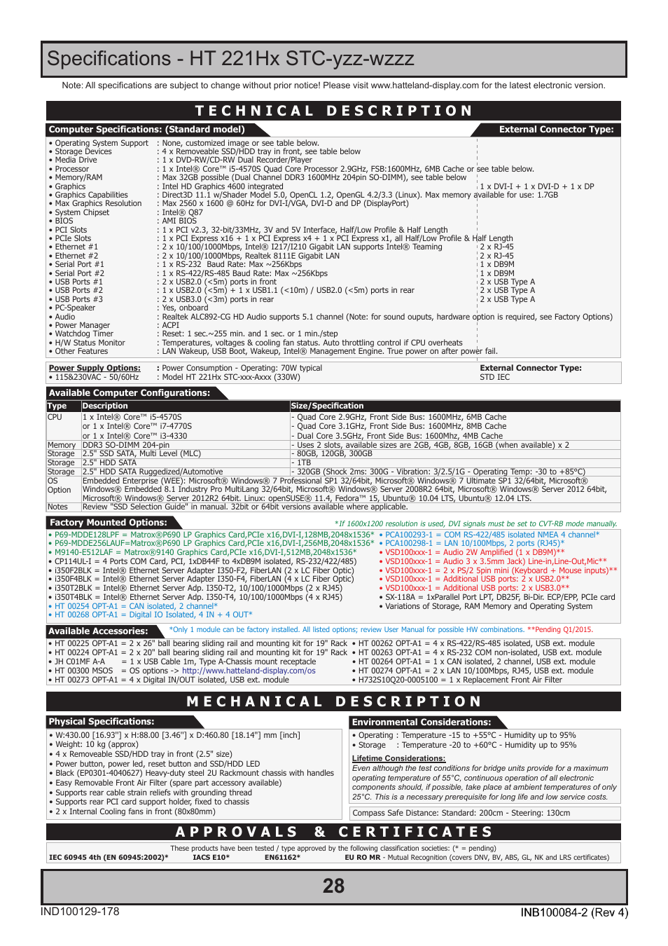 Specifications - ht 221hx stc-yzz-wzzz, Specifications | Hatteland Display HT 221 (2U Size) User Manual | Page 28 / 66