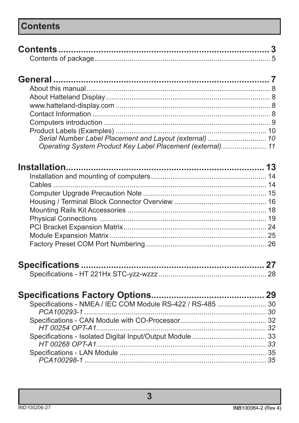 Contents contents, General, Installation | Specifications, Specifications factory options | Hatteland Display HT 221 (2U Size) User Manual | Page 3 / 66