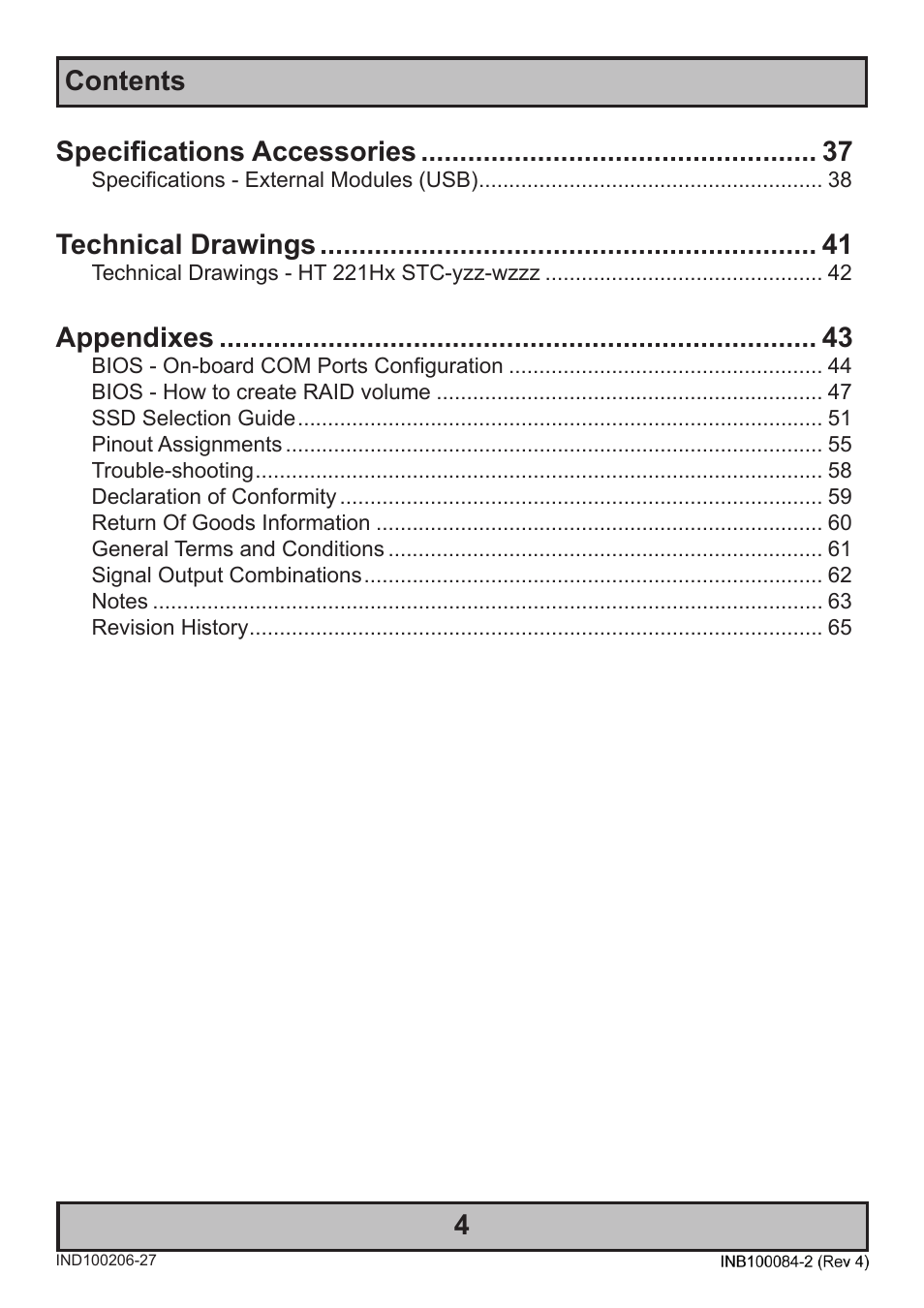 Contents 4, Specifications accessories, Technical drawings | Appendixes | Hatteland Display HT 221 (2U Size) User Manual | Page 4 / 66