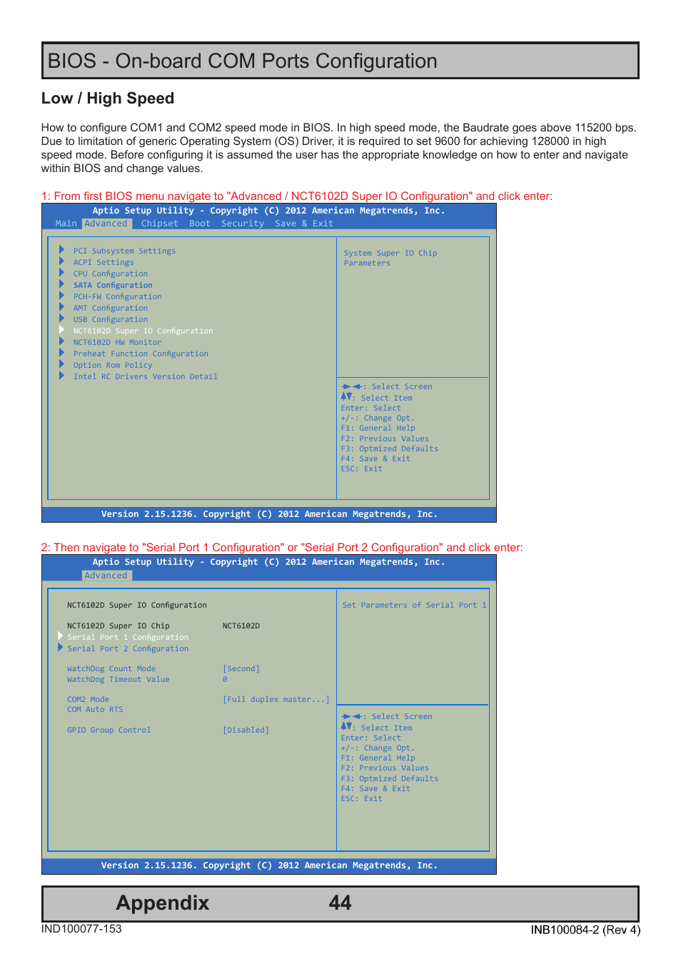 44 appendix, Bios - on-board com ports configuration, Low / high speed | Hatteland Display HT 221 (2U Size) User Manual | Page 44 / 66