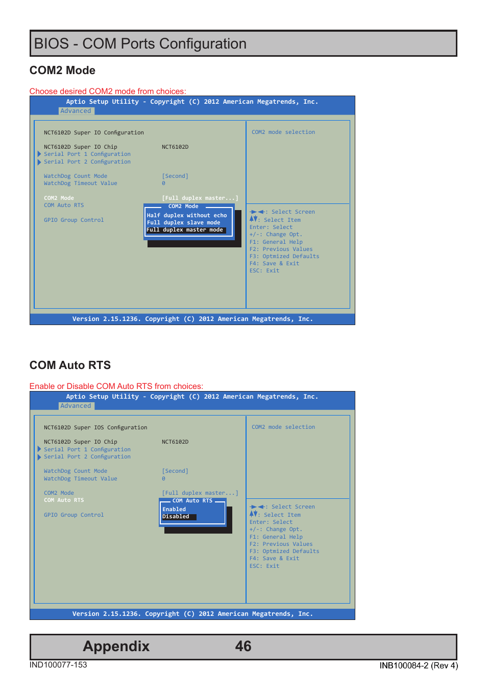 46 bios - com ports configuration appendix, Com2 mode, Com auto rts | Choose desired com2 mode from choices, Enable or disable com auto rts from choices | Hatteland Display HT 221 (2U Size) User Manual | Page 46 / 66