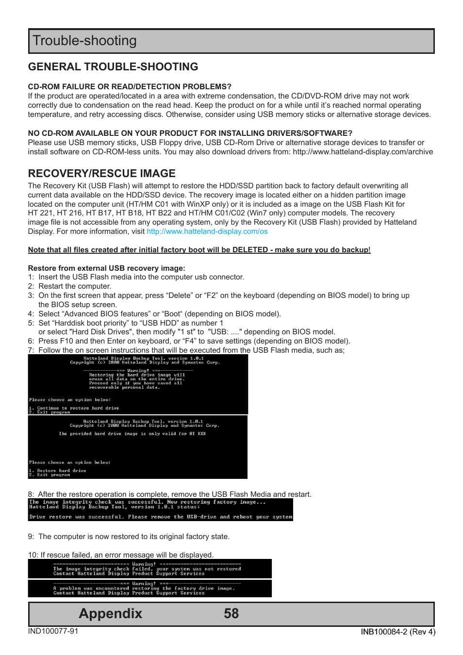 Appendix trouble-shooting, General trouble-shooting, Recovery/rescue image | Recovery / rescue image - quick start | Hatteland Display HT 221 (2U Size) User Manual | Page 58 / 66