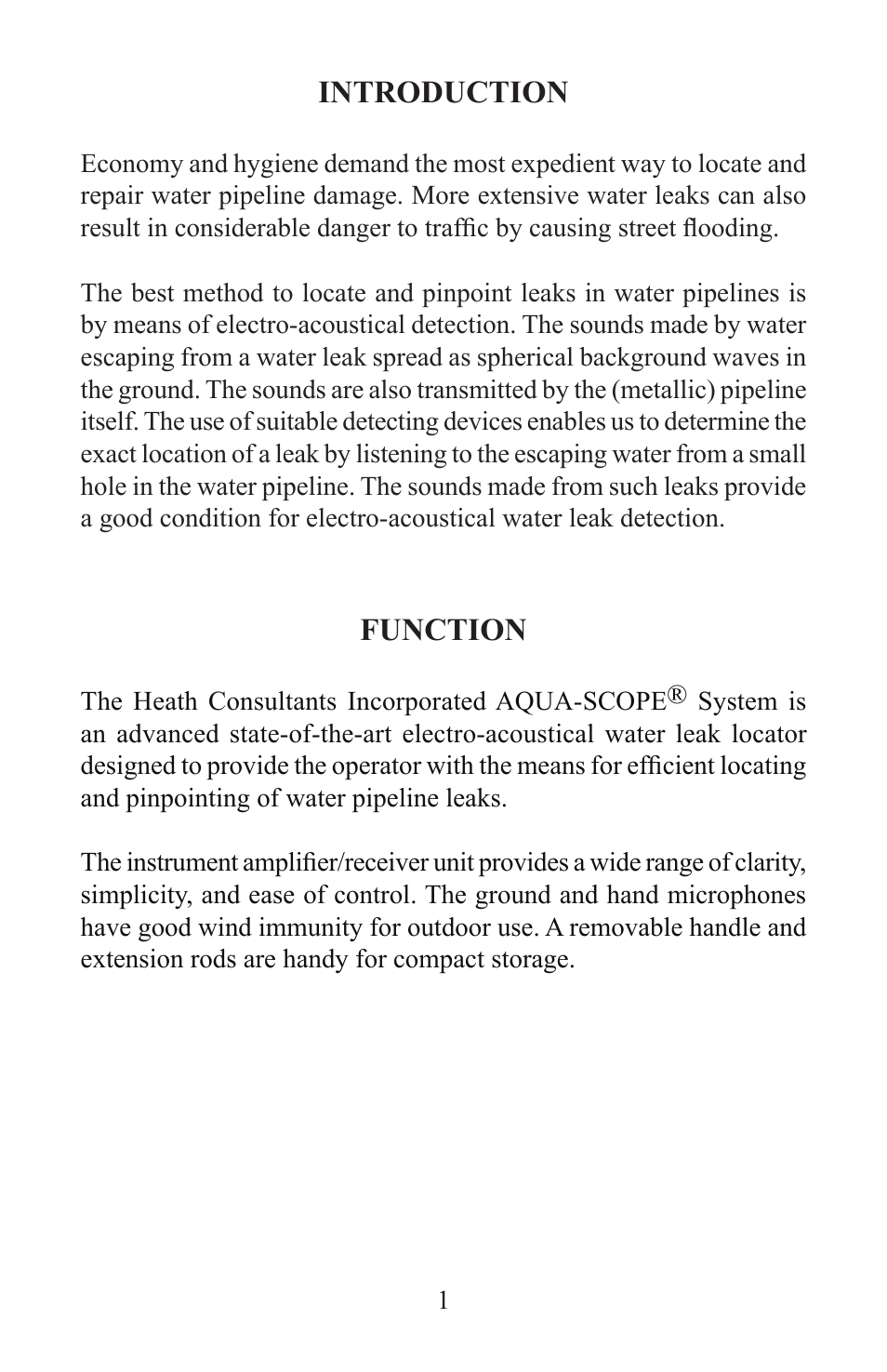 Introduction, Function | Heath Consultants Aqua-Scop User Manual | Page 4 / 39