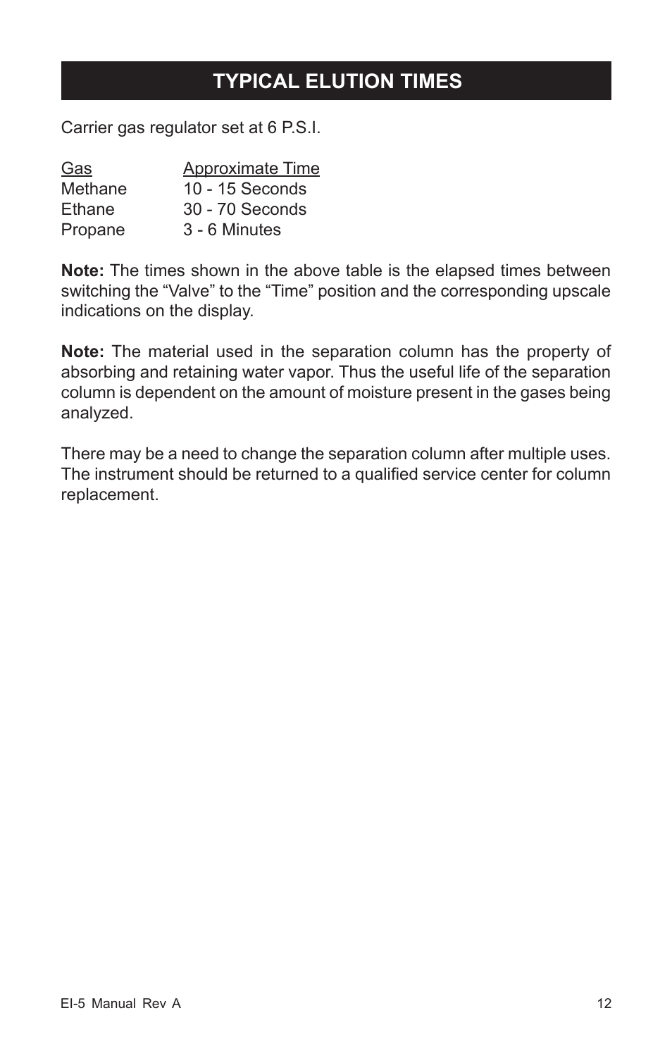 Typical elution times | Heath Consultants EI-5 Ethane Gas Identifier User Manual | Page 15 / 23